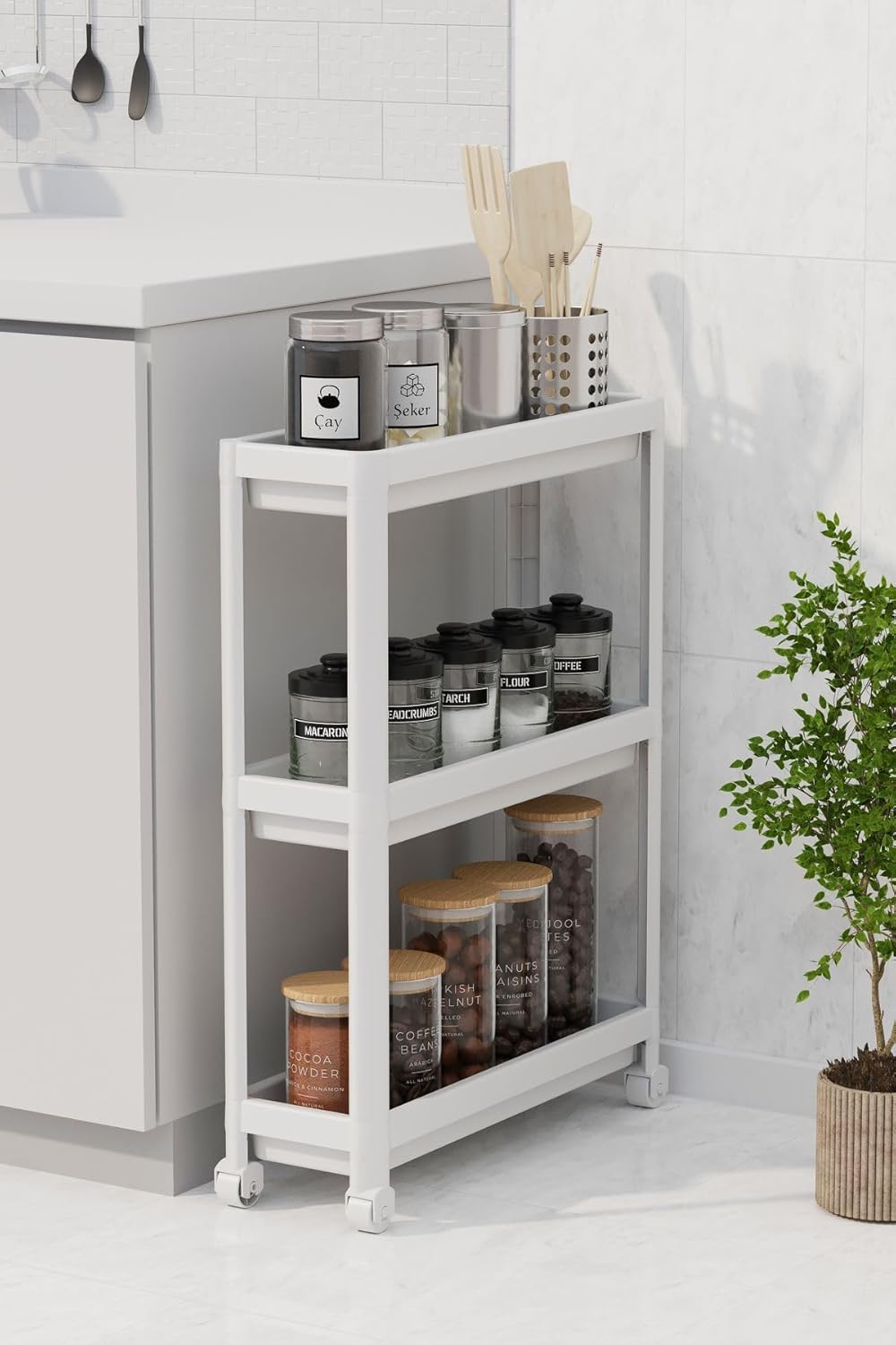 Slim 3 Katlı Tekerlekli Raf Ünitesi - Dar Alanlar İçin Mutfak & Banyo Organizer - Baharatlık & Havluluk Düzenleyici - Beyaz