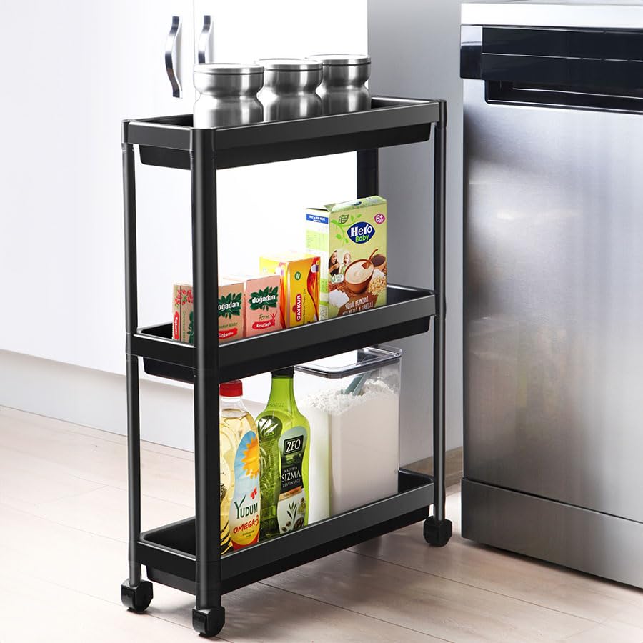 Slim 3 Katlı Tekerlekli Raf Ünitesi - Dar Alanlar İçin Mutfak & Banyo Organizer - Baharatlık & Havluluk Düzenleyici - Plastik ve Metal - Siyah