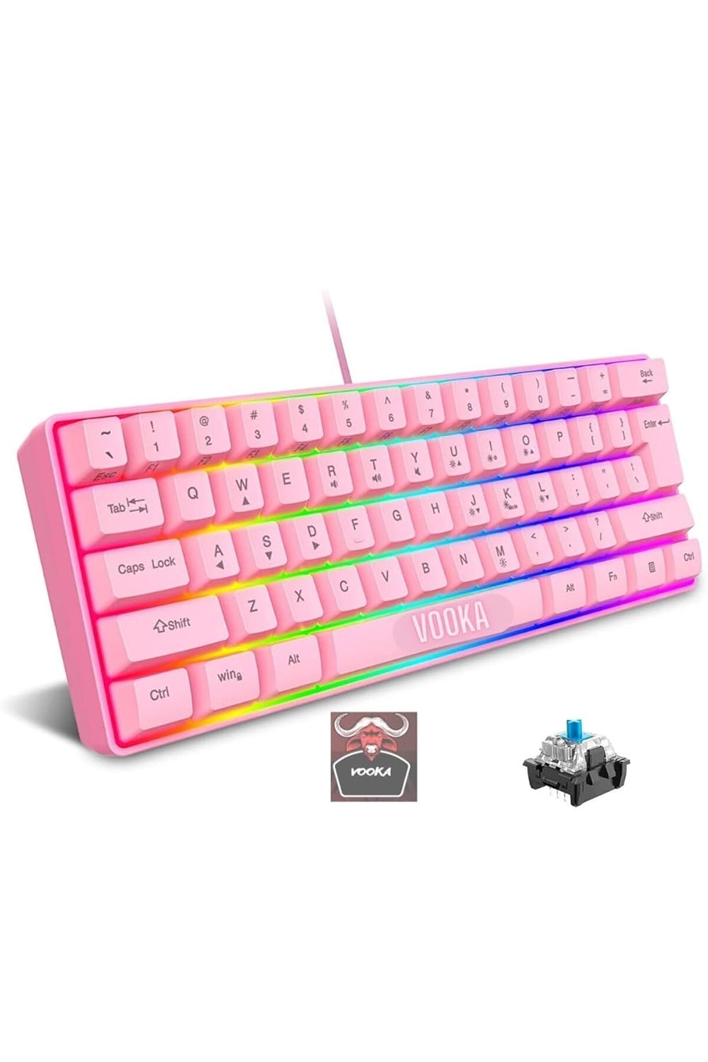 Vooka Trol Blue Switch Mini Rgb Oyun Klavyesi Gaming 62 Tuşlu 18 Rgb Led Usb Tip-C Kablosu Pembe Uyumlu