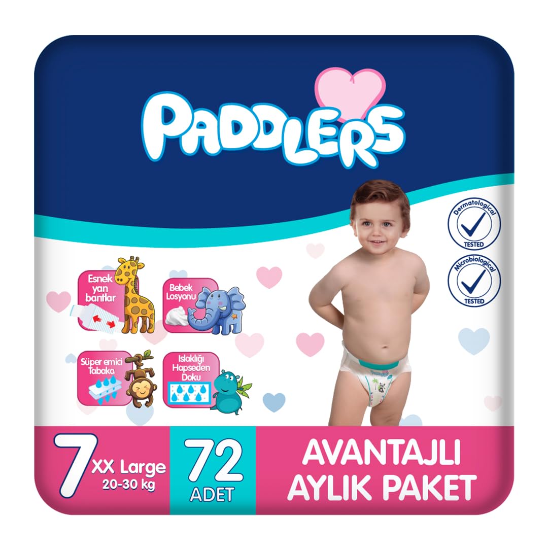 Paddlers Bebek Bezi 7 Numara XX-Large (20-30 Kg) 72 Adet – Aylık Paket, Yüksek Emicilik