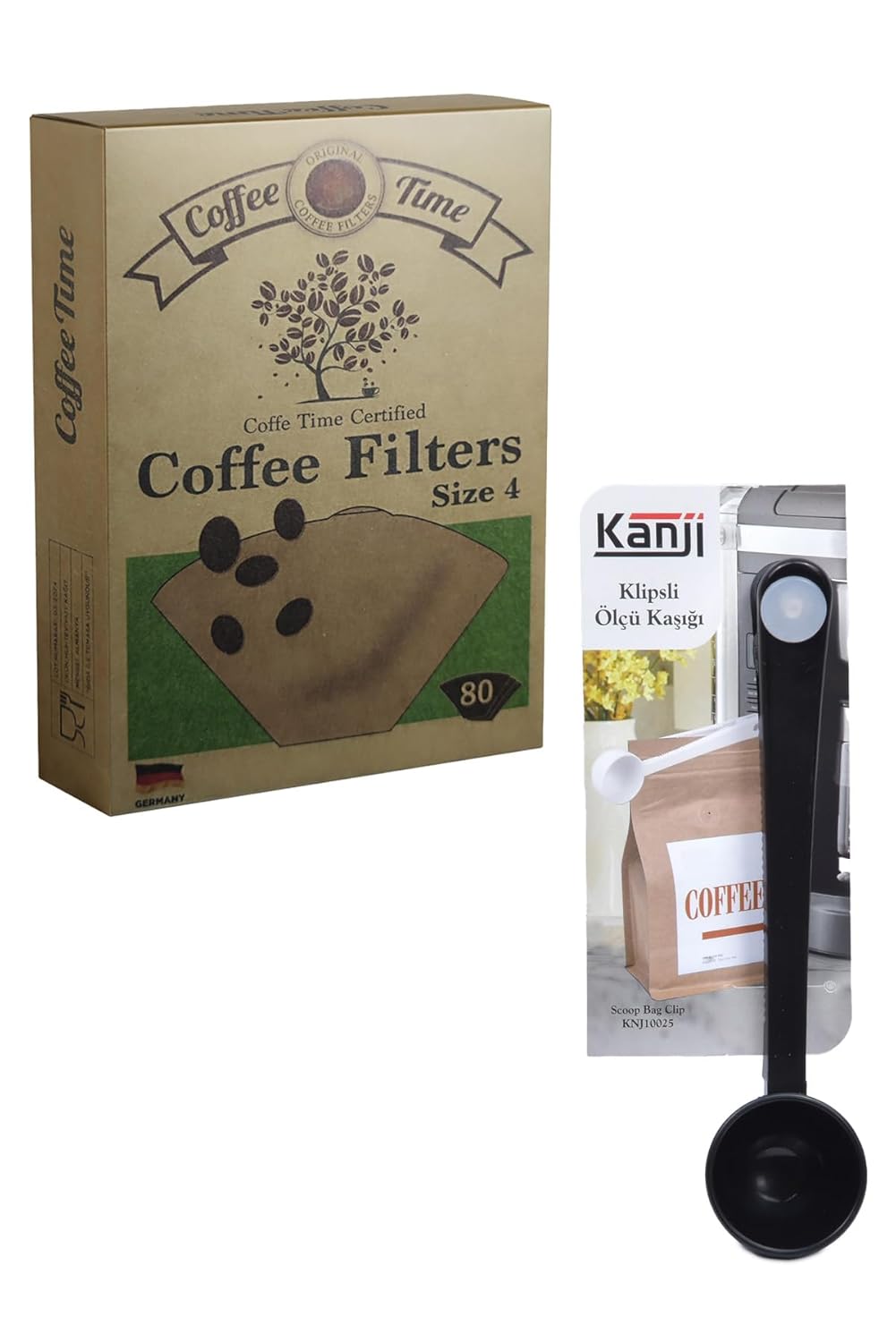 Coffee Time Filtre Kahve Kağıdı 1/4 4 Numara 80'li Paket + Kanji Klipsli Çay Kahve Ölçü Kaşığı - Siyah