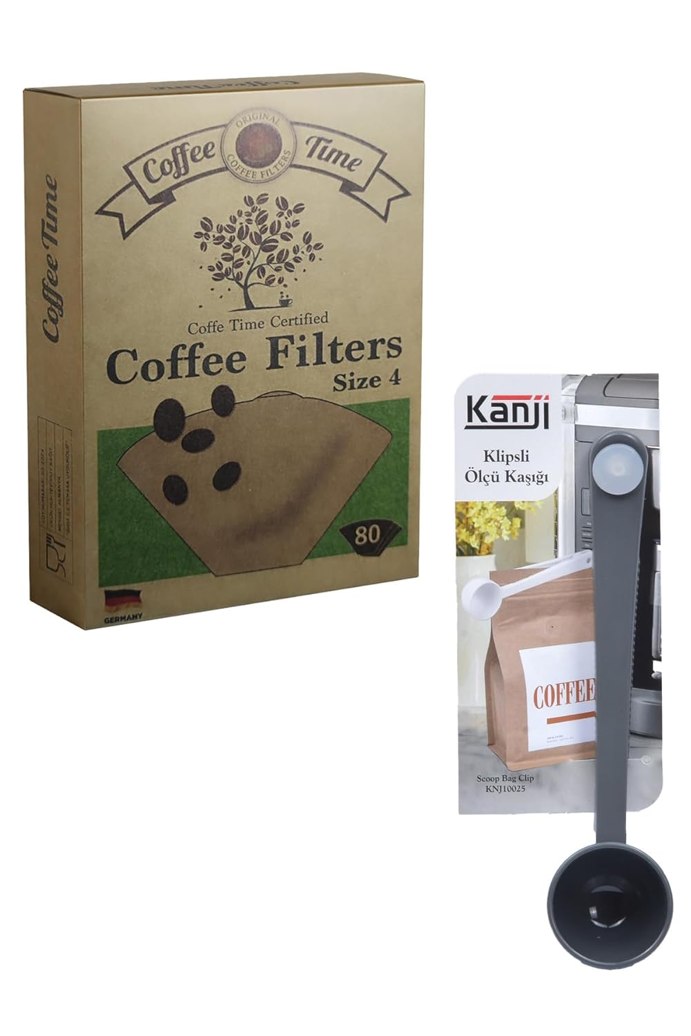 Coffee Time Filtre Kahve Kağıdı 1/4 4 Numara 80'li Paket + Kanji Klipsli Çay Kahve Ölçü Kaşığı - Gri