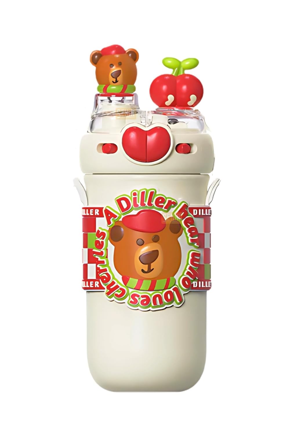 Vagonlife Diller 520ml Sevimli Hayvanlar Süslü Pipetli/Pipetsiz Boyun Askılı Paslanmaz Çelik Termos (Diller Bear)