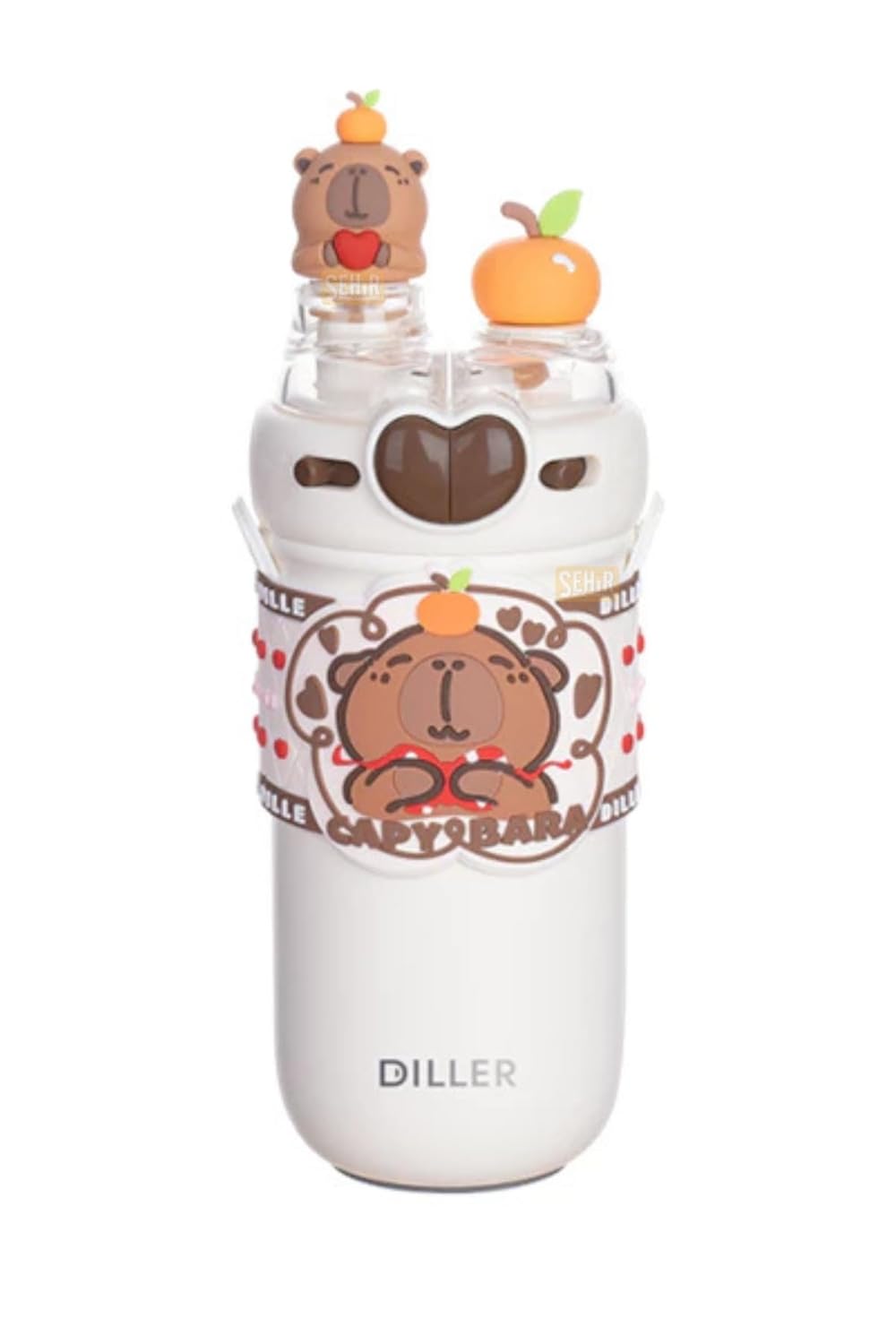 Vagonlife Diller 520ml Sevimli Hayvanlar Süslü Pipetli/Pipetsiz Boyun Askılı Paslanmaz Çelik Termos (Capybara)