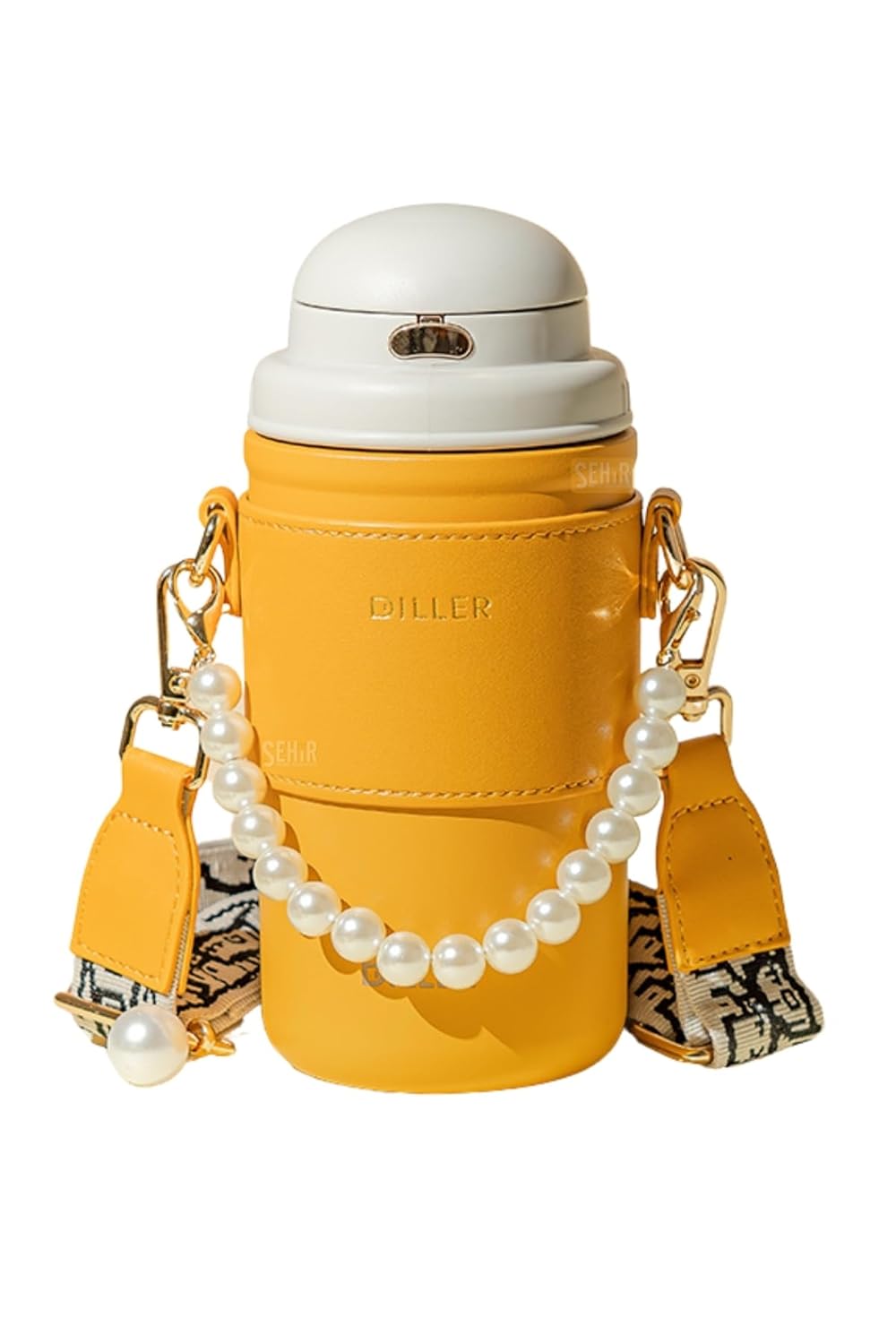 Vagonlife Diller 580ml Moda Deri Kılıflı İnci Süslü Pipetli Askılı Paslanmaz Çelik Termos Matara (Turuncu-Beyaz)