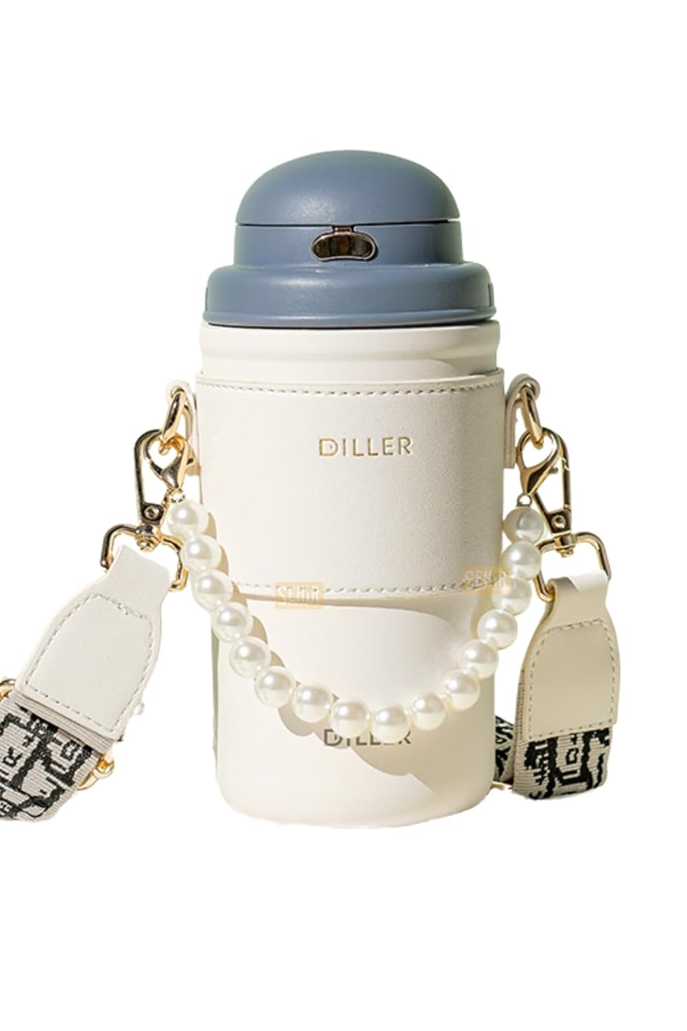 Vagonlife Diller 580ml Moda Deri Kılıflı İnci Süslü Pipetli Askılı Paslanmaz Çelik Termos Matara (Lacivert-Beyaz)