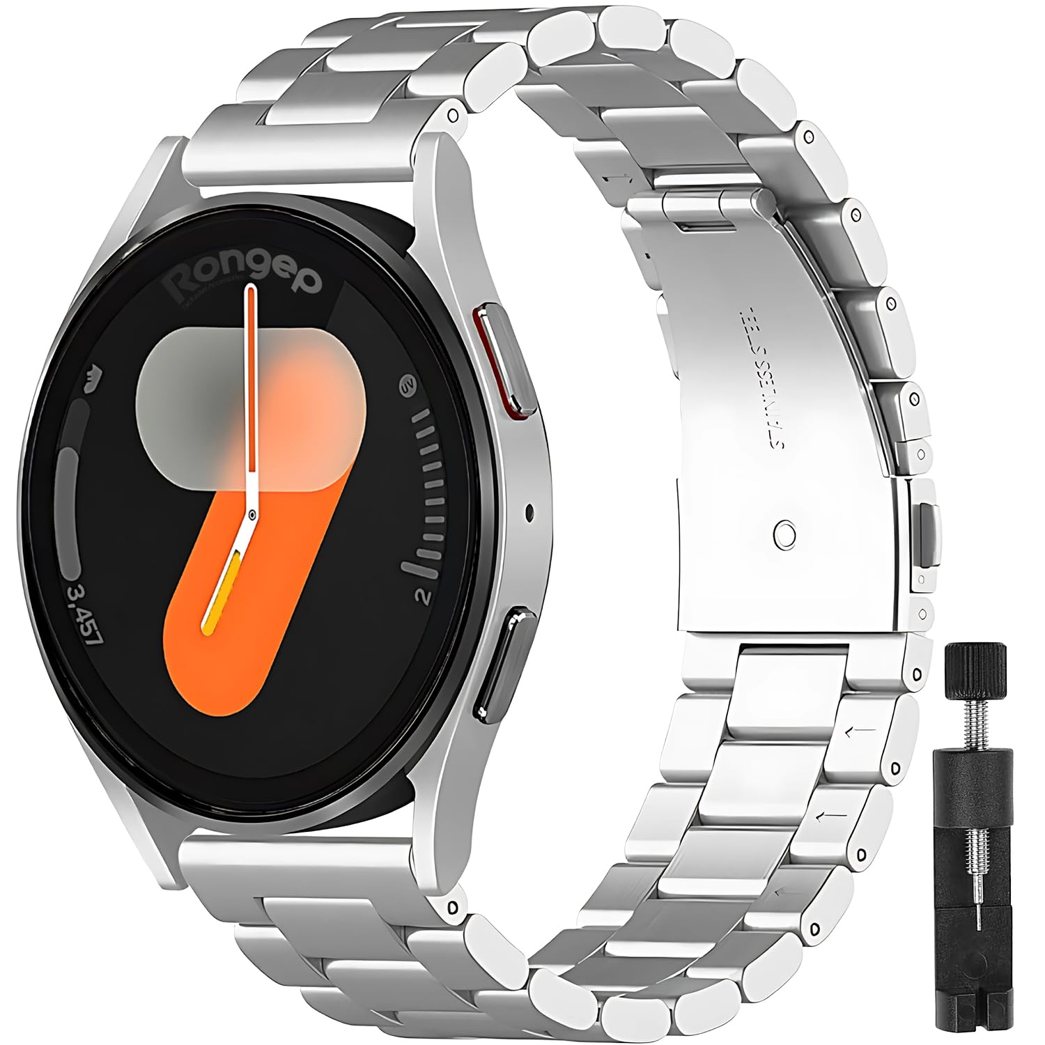 Rongep Samsung ile Uyumlu Kısaltma Aparatlı 20mm Çelik Kordon Galaxy Watch 7/6/5/4 Serisi (40mm/44mm) Watch 6/4 Classic (47/43/42mm) için Metal Kordon Bakla Model Galaxy Watch 7 Kordonu (Gümüş)