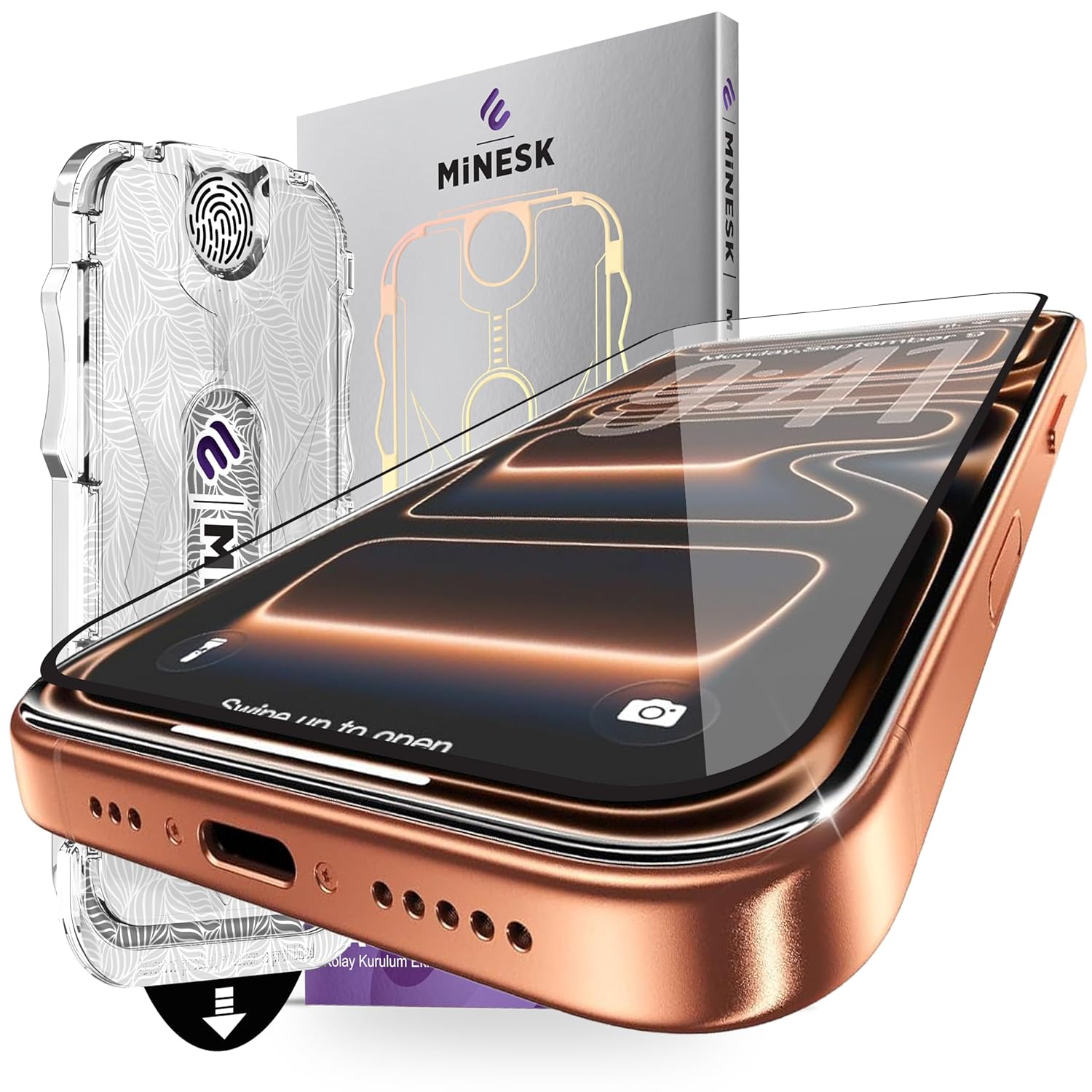 Minesk ULTRA İNCE ÇERÇEVE iPhone 16 PRO MAX/17 PRO MAX için Otomatik Hizalama Aparatlı Ekran Koruyucu Güçlendirilmiş Cam Toz Toplama Özellikli (Kolay Kurulum, 16 ProMax/17ProMax - Ultra Slim)