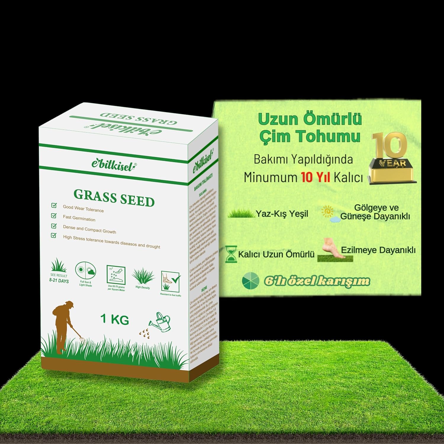 Ebitkisel Çok Yıllık Çim Tohumu 1 Kg Uzun Ömürlü 6'lı Karışım Gölge ve Aşırı Güneşli Alan Uygun Yetiştirilmesi Kolay 4 Mevsim Yeşil