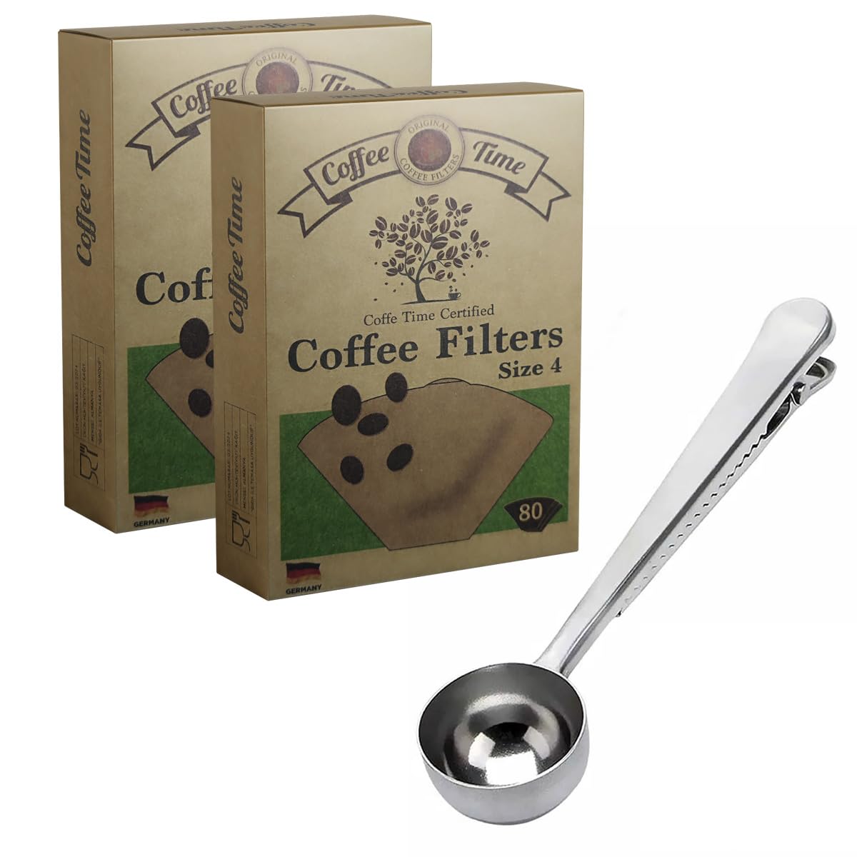 2 Adet Coffee Time Filtre Kahve Kağıdı 1/4 4 Numara 80'li Paket + Kanji Klipsli Çay Kahve Ölçü Kaşığı - Paslanmaz Çelik Silver