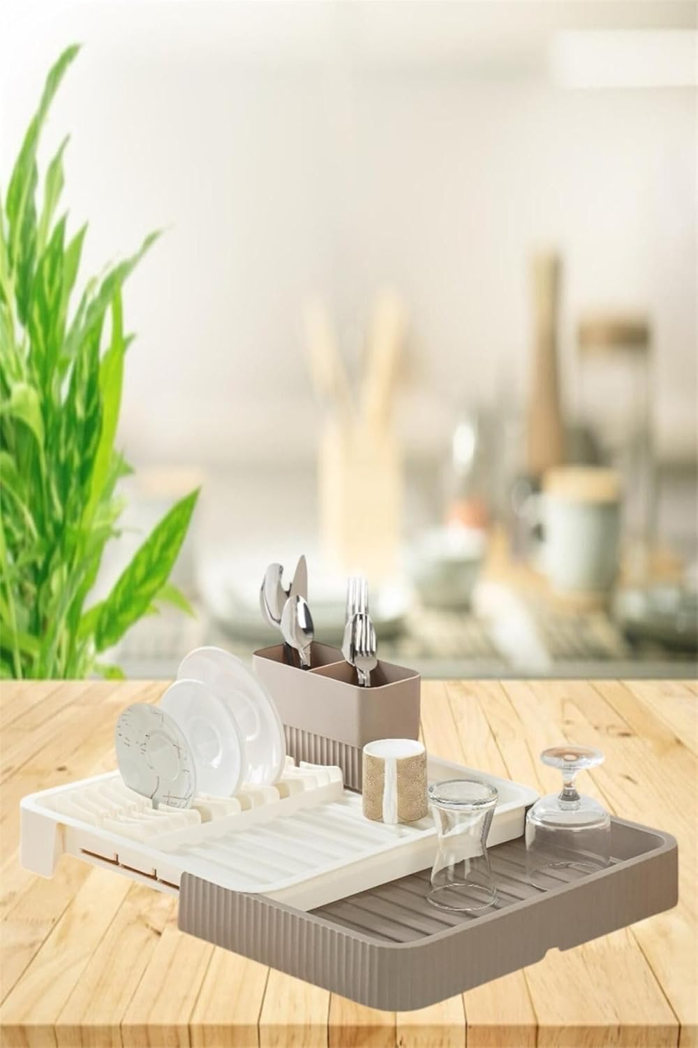 Açılır Kapanır Sürgülü Tabaklık Bulaşıklık – Bulaşık Sepeti, Bulaşık Kurutma, Mutfak Düzenleyici (KREM)