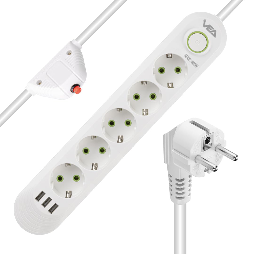 Akım Korumalı Priz, 5'li Çoklu Priz, 3 Usb, 1.5 Mt Kablo, Anahtarlı Grup Priz, Usb Li Priz, Isıya Dayanıklı, 3000 Watt Gücünde