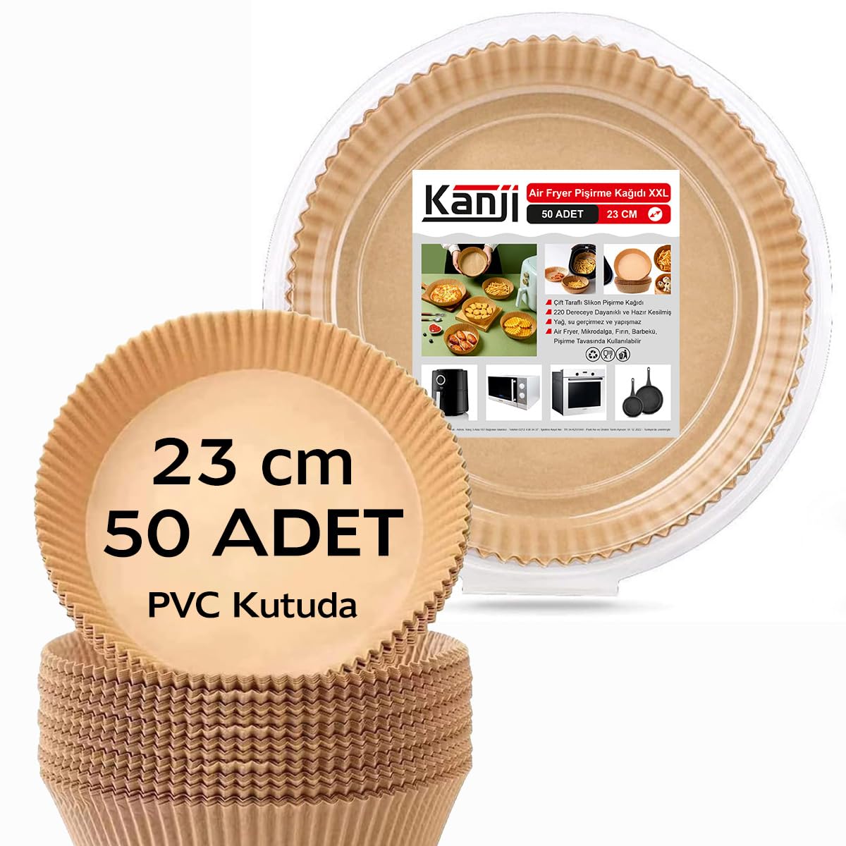 Kanji 50 Adet Air Fryer Pişirme Kağıdı 23 cm – Tek Kullanımlık, Yapışmaz, Yağ Geçirmez, Yuvarlak Tabak Model Hava Fritöz Yağlı Kağıdı PVC Ambalaj