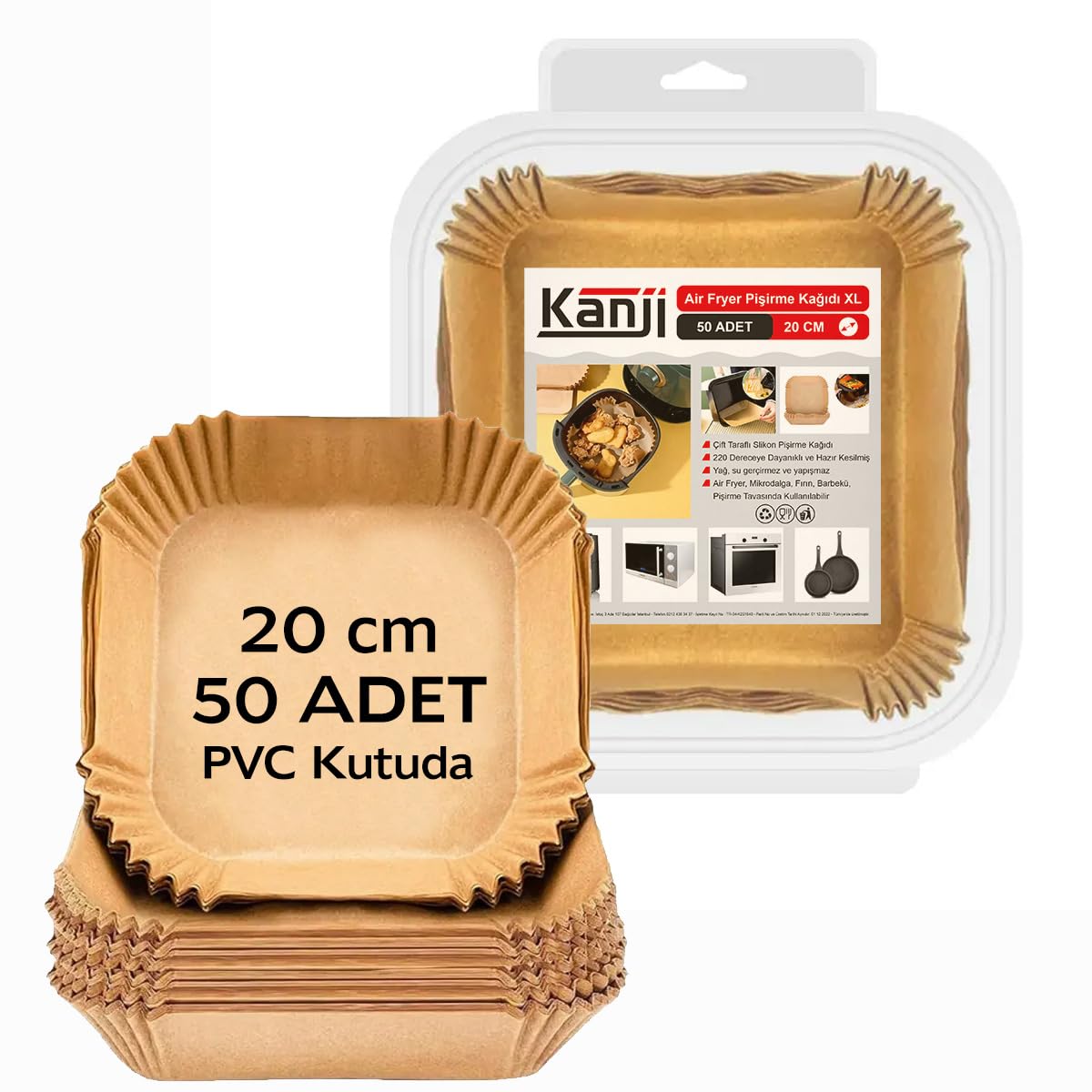 Kanji 50 Adet Air Fryer Pişirme Kağıdı 20 cm – Tek Kullanımlık, Yapışmaz, Yağ Geçirmez, Kare Tabak Model Hava Fritöz Yağlı Kağıdı PVC Ambalaj