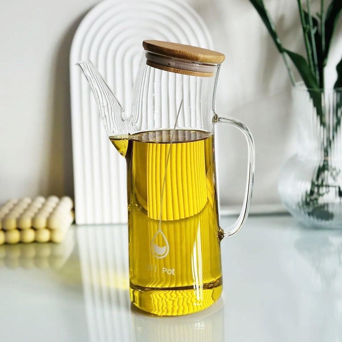 Deconox Bambu Kapklı Borosilikat Cam Yağlık & Sirkelik – 1 Litre | Isıya Dayanıklı & Sızdırmaz Tasarım | Bambu Kapaklı Şeffaf Cam Yağdanlık – 1000ml