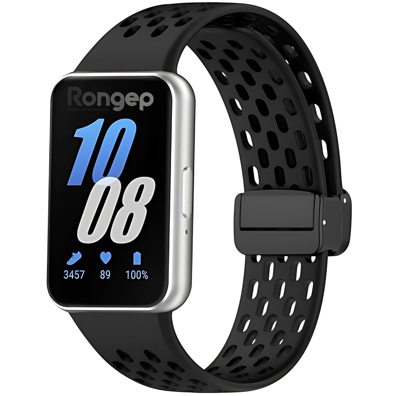 Rongep Samsung Galaxy Fit 3 ile Uyumlu Spor Kordon Manyetik Katlanır Toka Mekanizmalı Nefes Alabilirlik Sağlayan Delikli Doku Deformasyona Karşı Dayanıklı Yumuşak Saat Kayışı (Siyah)