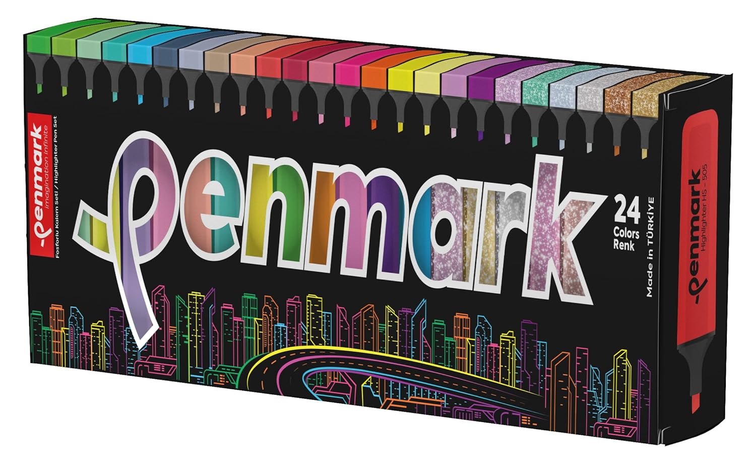 Penmark Fosforlu Kalem 24'lü Süper Kutu 6 Neon ve 6 Pastel ve 6 Tropik ve 6 Simli