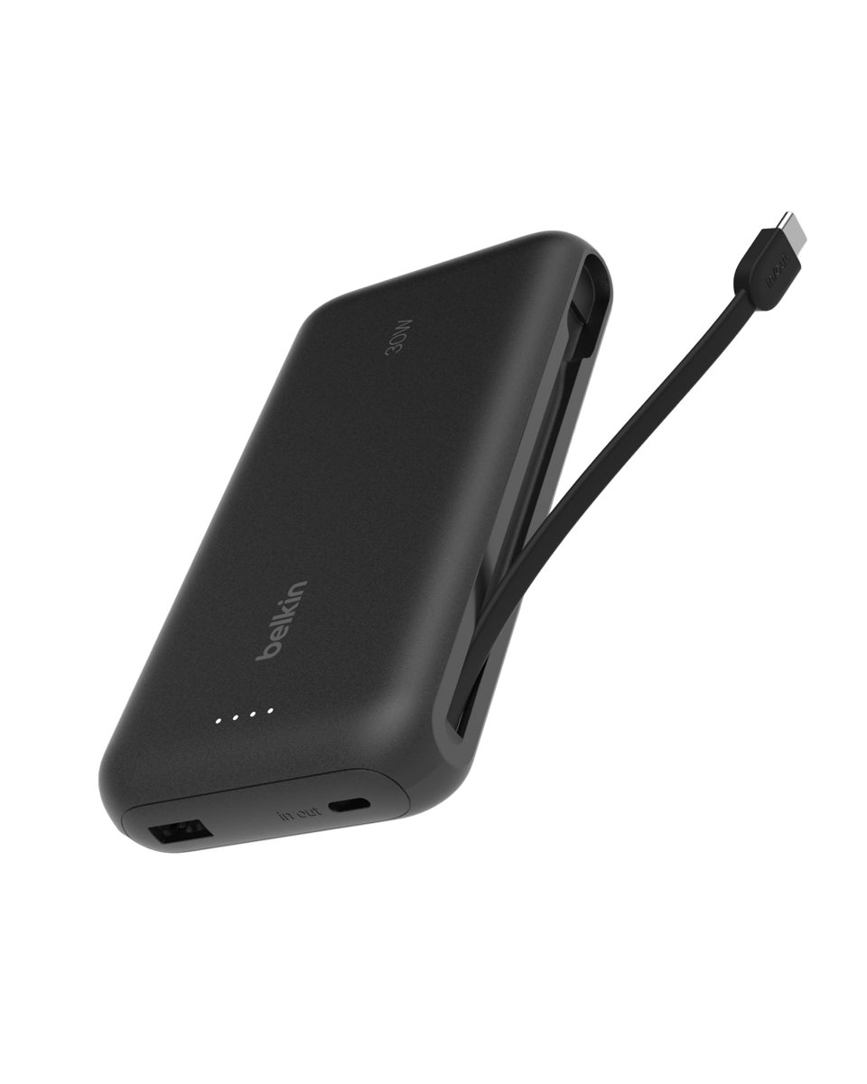 Belkin Taşınabilir Şarj Cihazı, 20K Entegre Kablolu Taşınabilir Güç Kaynağı, 30 W Güç İletimli Hızlı Şarj, USB-C, iPhone 17, iPad Pro, Galaxy S25 Serisi ve Daha Fazlası, Siyah