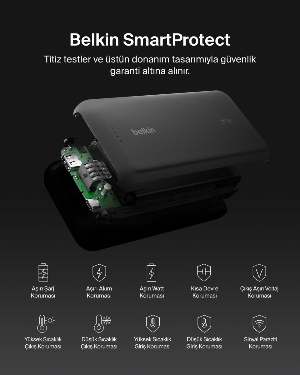 Belkin Taşınabilir Şarj Cihazı, 20K Entegre Kablolu Taşınabilir Güç Kaynağı, 30 W Güç İletimli Hızlı Şarj, USB-C, iPhone 17, iPad Pro, Galaxy S25 Serisi ve Daha Fazlası, Siyah