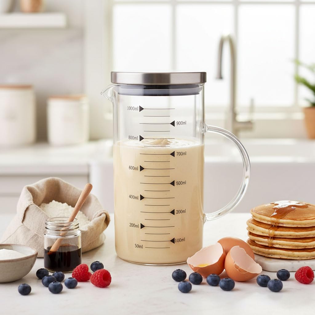 Deconox 1100ml Metal Kapaklı Cam Yağlık ve Ölçü Kabı – Dayanıklı ve Şeffaf Sıvı & Kuru Malzeme Ölçme Kabı | Mutfak İçin Hassas Ölçüm ve Saklama Çözümü 1100ml - Cam Sürahi Ölçü Kabı