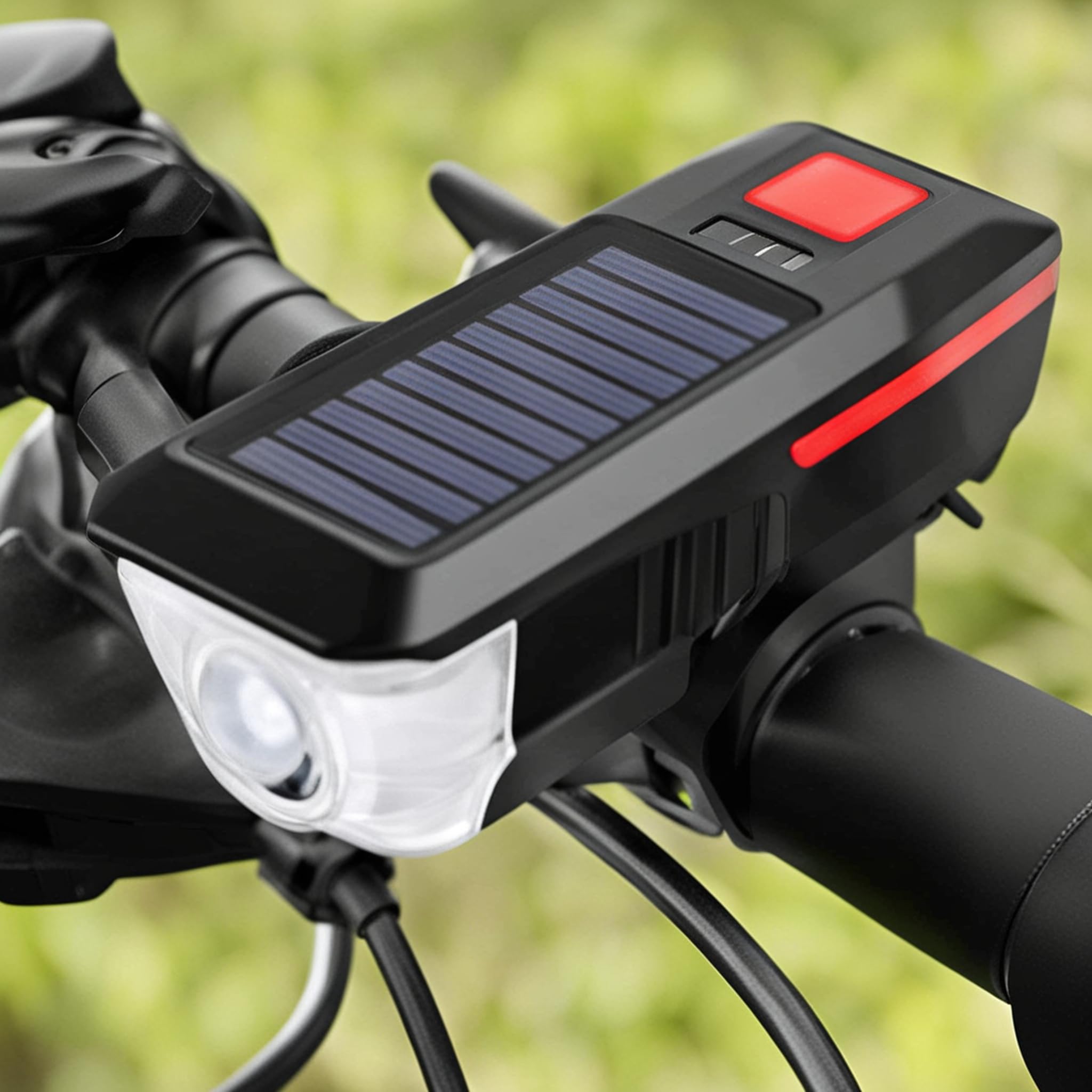 Busstier Güneş Enerjili USB ile Şarj Edilebilir LED Bisiklet Feneri Kornalı Suya Dayanıklı Far