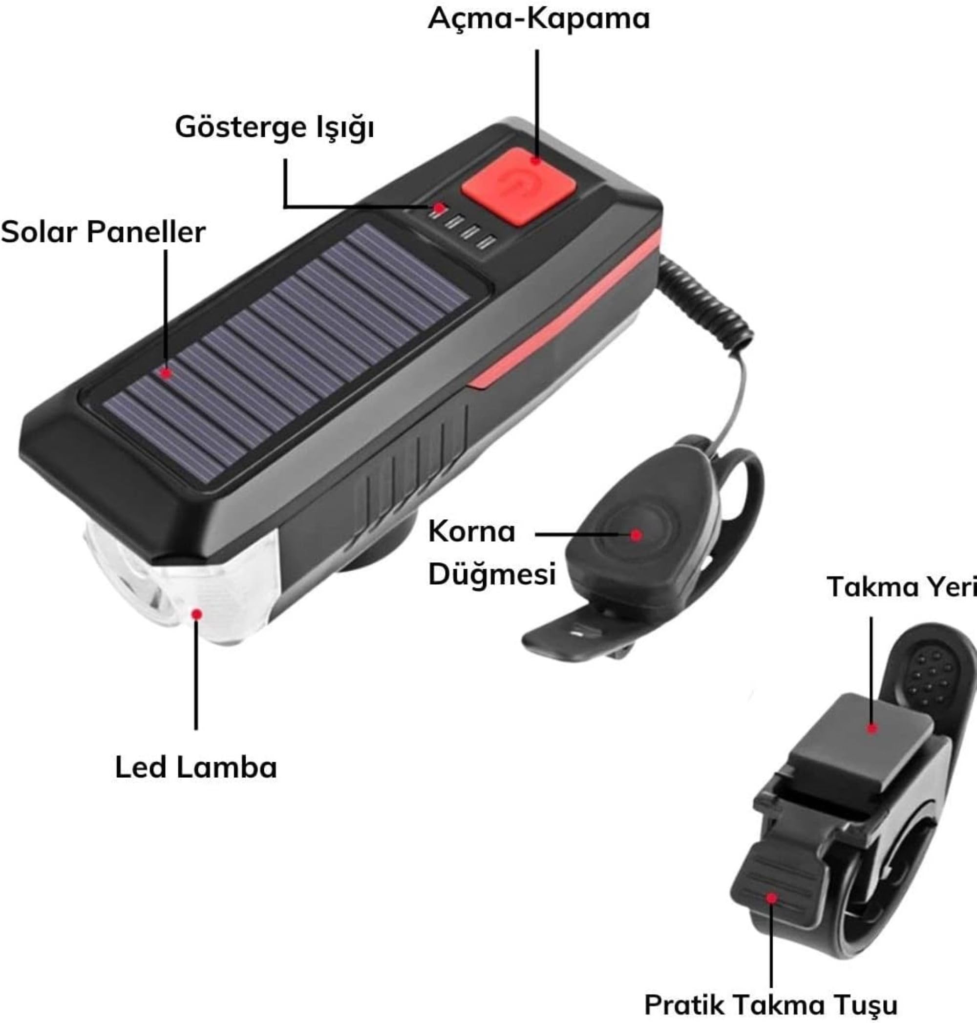 Busstier Güneş Enerjili USB ile Şarj Edilebilir LED Bisiklet Feneri Kornalı Suya Dayanıklı Far