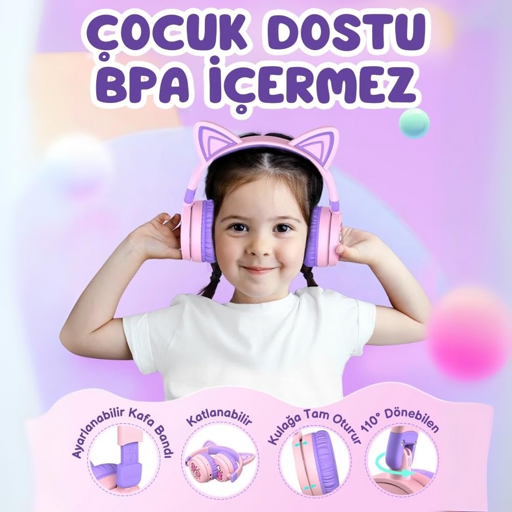 iClever Kedi Kulaklı Led Işıklı Güvenli Ses Sınırlı 60 Saat Oynatma Süreli Bluetooth Çocuk Kulaklığı Mor