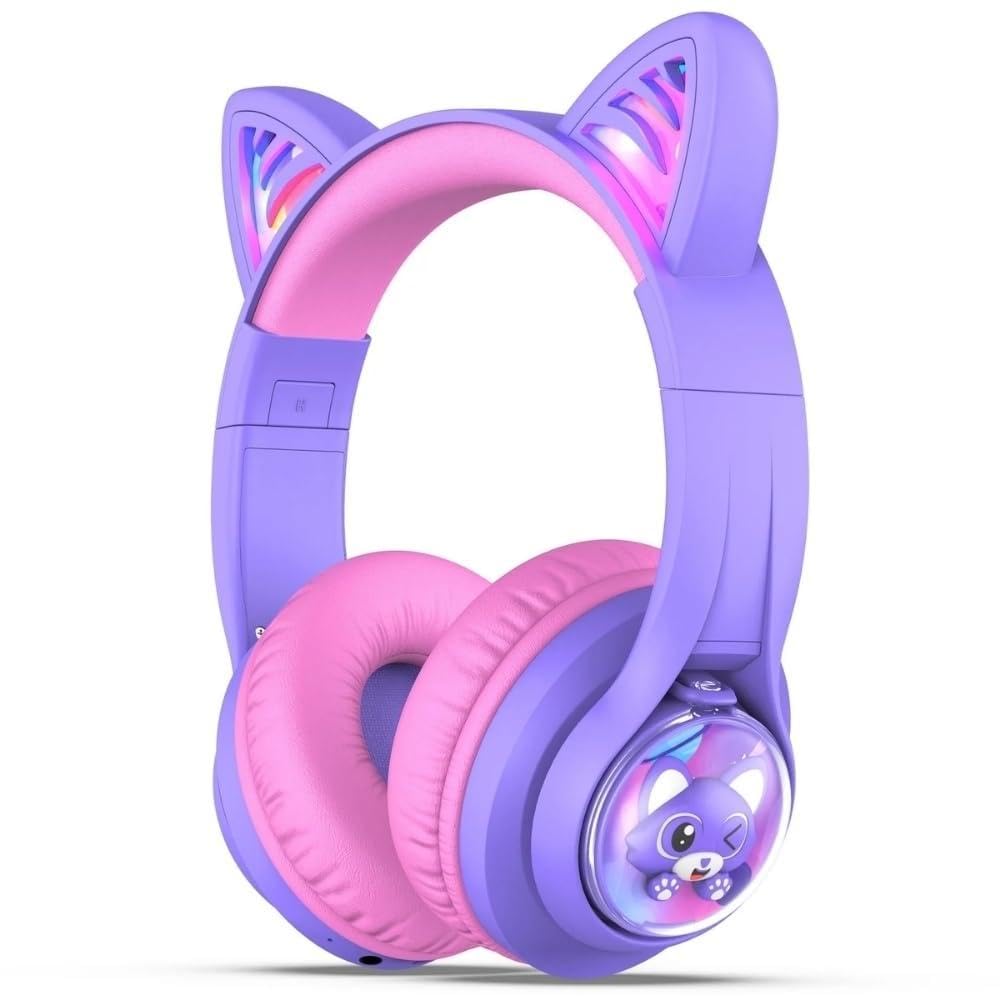 iClever Kedi Kulaklı Led Işıklı Güvenli Ses Sınırlı 45 Saat Oynatma Süreli Bluetooth Çocuk Kulaklığı Mor
