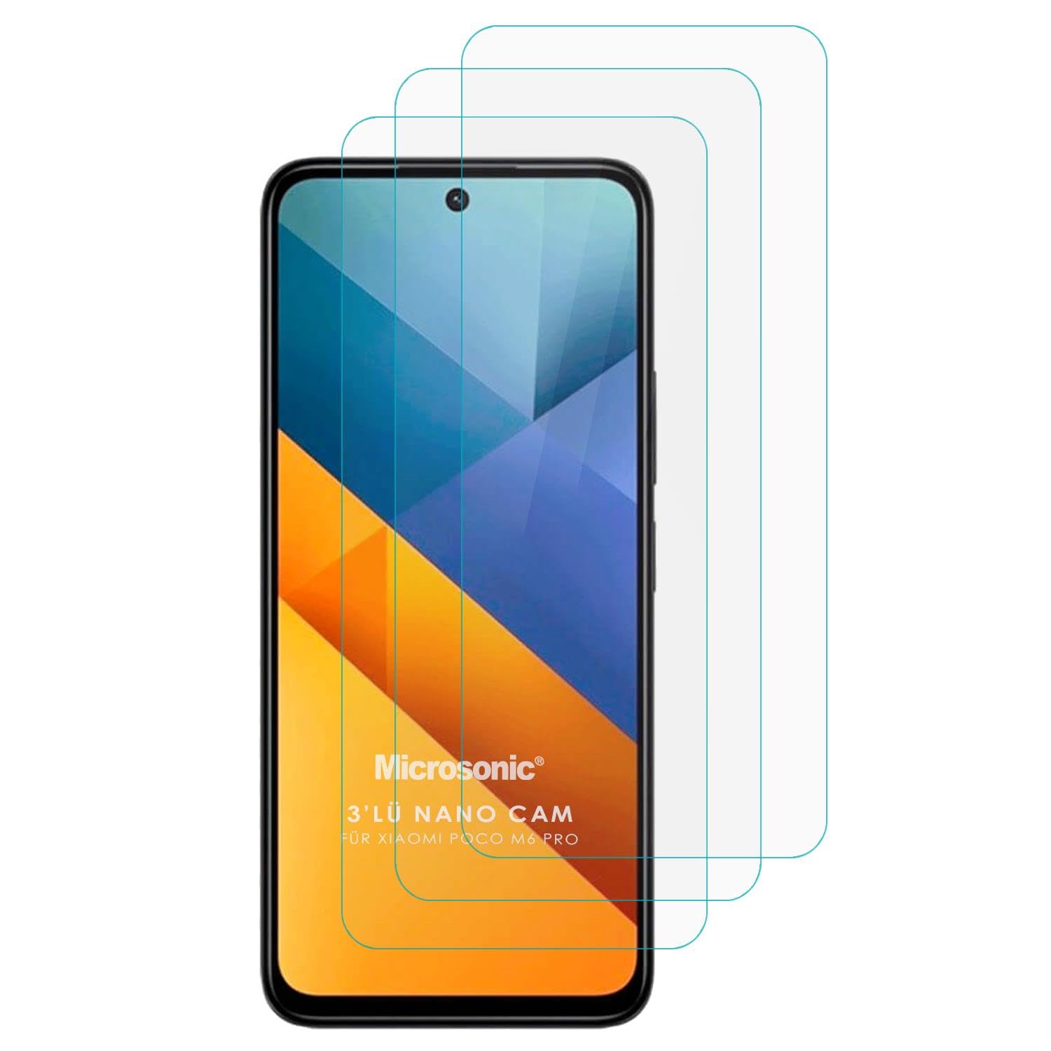 Microsonic Xiaomi Poco M6 Pro 5G Screen Protector Nano Glass Cam Ekran Koruyucu (3`lü Paket) [Poco M6 Pro 5G ile Uyumlu Ekran Koruyucu - Şeffaf]