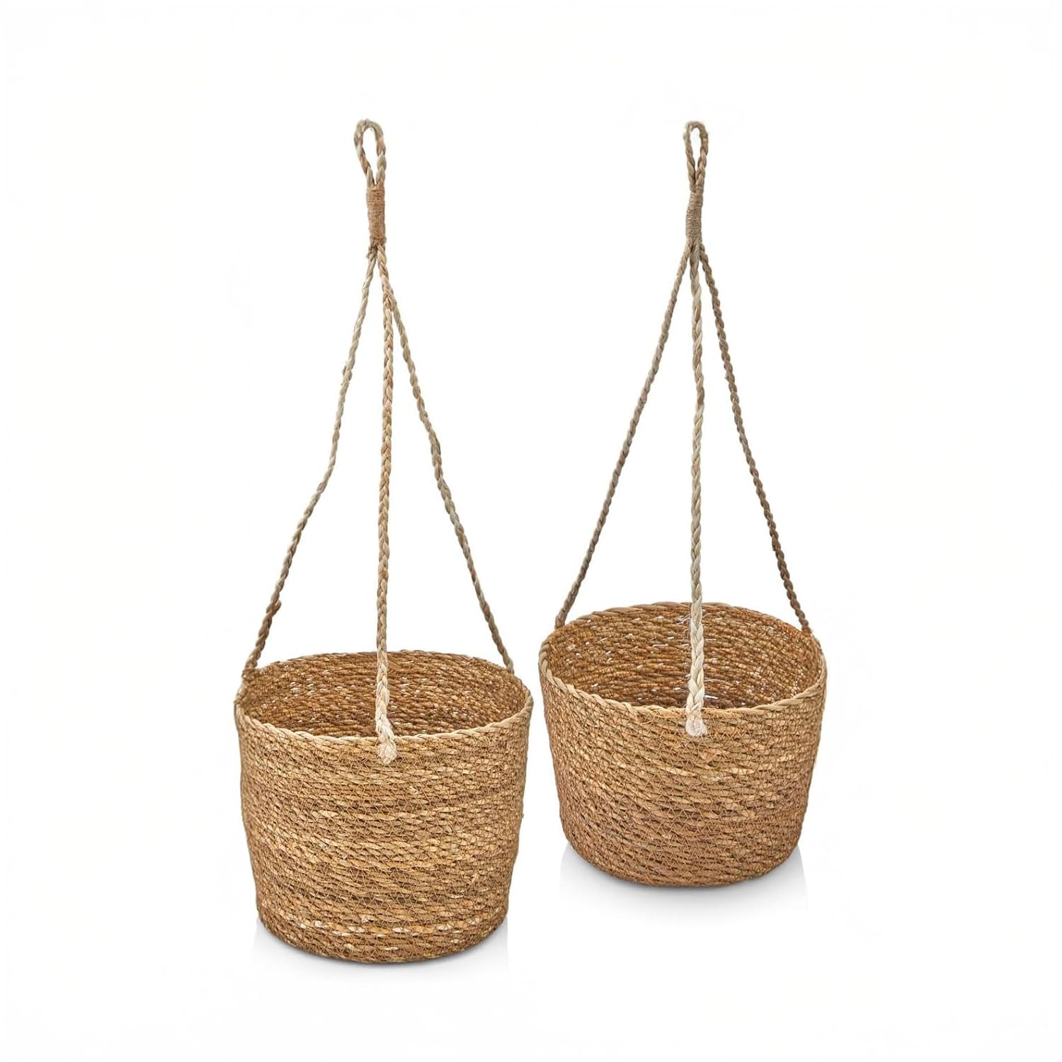 Deconox 2'li Asılabilir El Yapımı ve Doğal Yuvarlak Hasır Saksılık Seti, 2'li İpli Asılabilir Hasır Yuvarlak Saksı Seti (23cm*18cm-20cm*15cm)