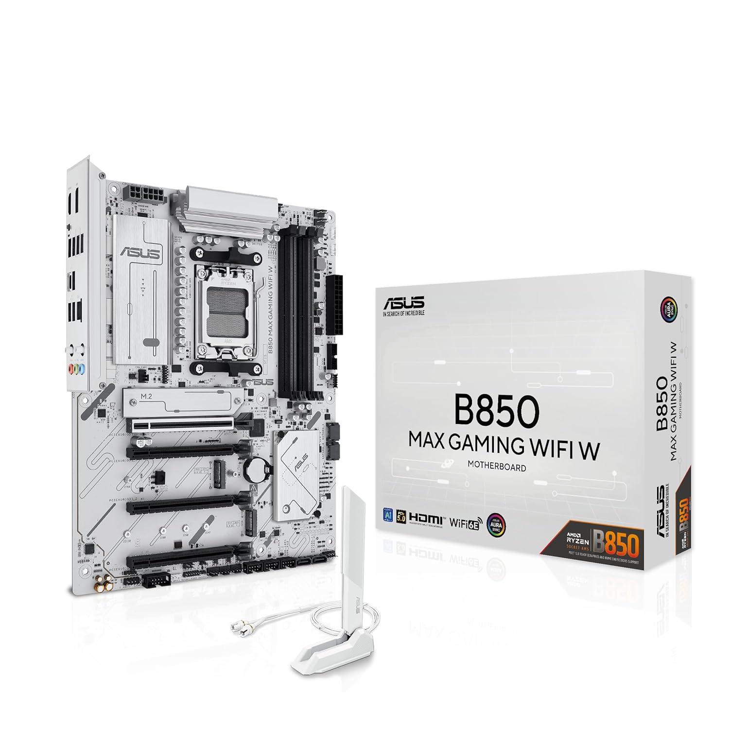 ASUS B850 MAX Gaming WiFi W, anakart AMD ATX, 8+2+1 akım fazı, DDR5 yuvası, PCIe 5.0 Ready, 3 M.2 yuvası, WiFi 6E, Ethernet 2,5 GB, USB-A, USB-C, HDMI, BIOS Flashback ve Aura Sync, beyaz