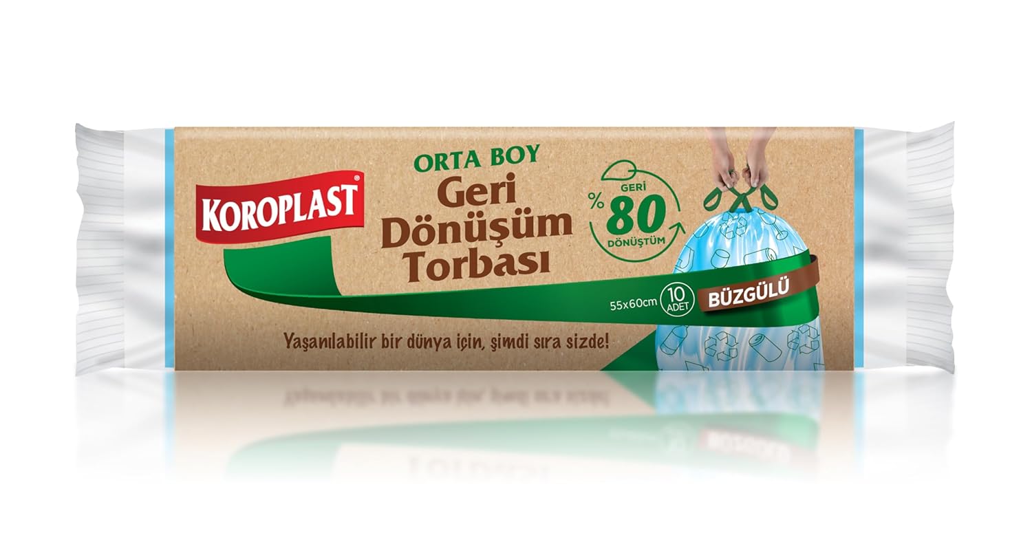 Koroplast Tekrar Dönüştürülebilir Geri Dönüşüm Torbası 55x60 Cm 10'lu, Sızdırmaz, Kolay Bağlanabilir Atık Poşeti, Ev, ofis, okul, restoran, market, otel, hastane, apartman, park, bahçe, depo, fabrika