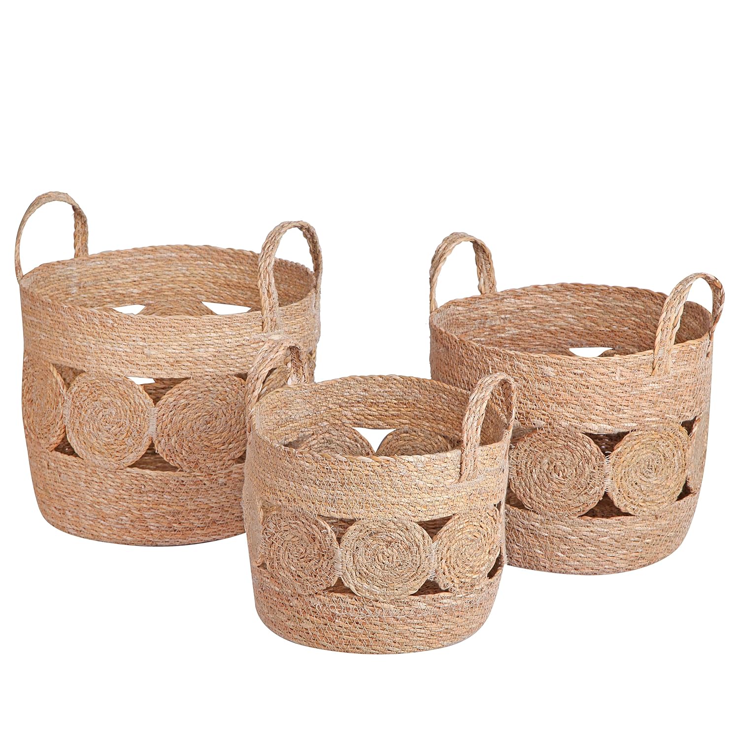 Deconox 3'lü El Yapımı Doğal Hasır Kulplu Yuvarlak Desenli Saksı Seti, Hasır El Yapımı Suya Karşı Koruma Poşetli Yuvarlak Örgü Saksı 3'lü Set, Rattan Saksı Seti, (33cm*28cm-30cm*25cm-26cm*22cm)