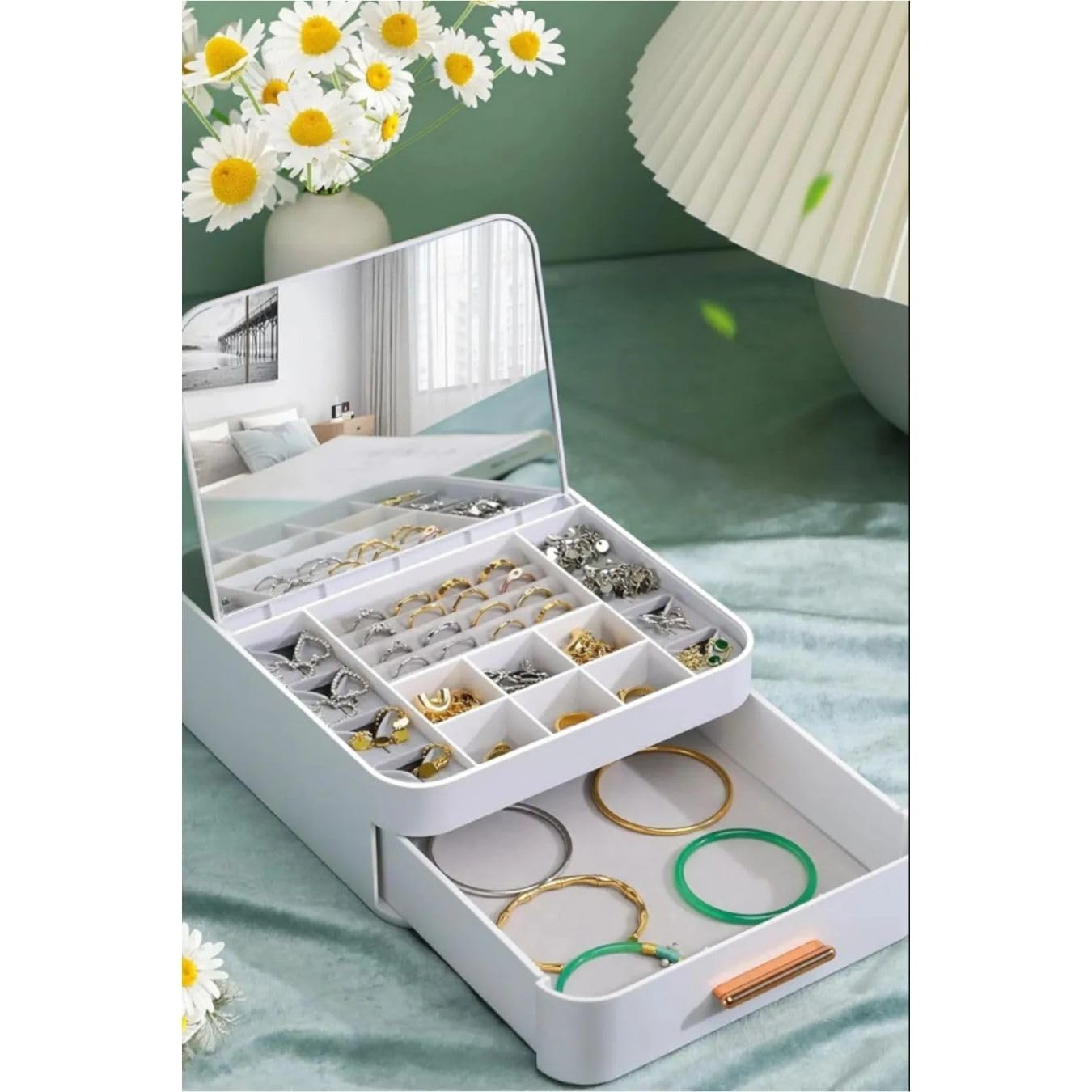 2 Katlı Makyaj ve Takı Organizeri, Çekmeceli, Aynalı, Beyaz,