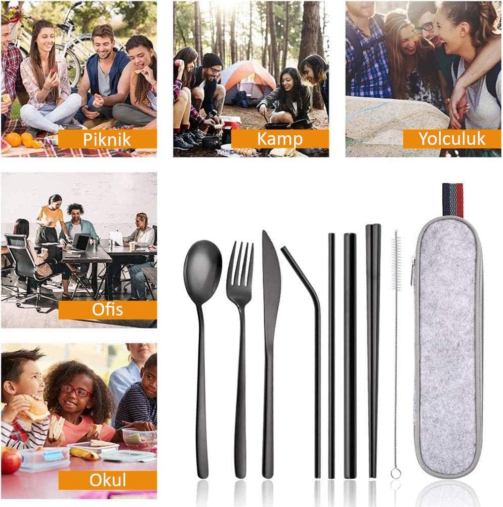 Valkyrie 8 Parça Çantalı Yolculuk Çatal Bıçak Kaşık Pipet Chopstick Seti Kamp Okul Ofis Tatil Paslanmaz Çelik Siyah