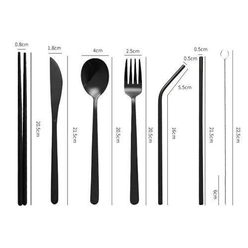 Valkyrie 8 Parça Çantalı Yolculuk Çatal Bıçak Kaşık Pipet Chopstick Seti Kamp Okul Ofis Tatil Paslanmaz Çelik Siyah