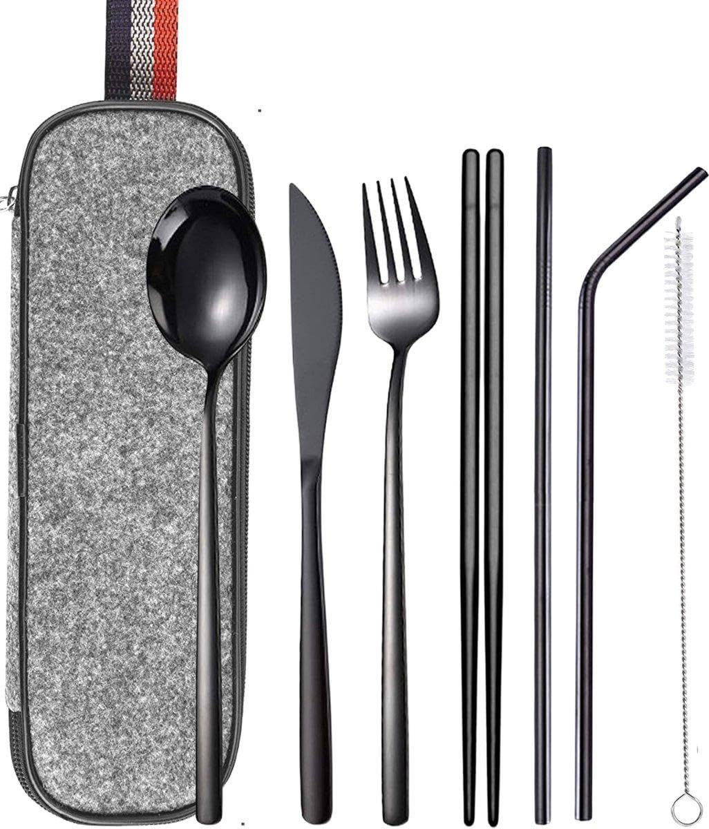 Valkyrie 8 Parça Çantalı Yolculuk Çatal Bıçak Kaşık Pipet Chopstick Seti Kamp Okul Ofis Tatil Paslanmaz Çelik Siyah