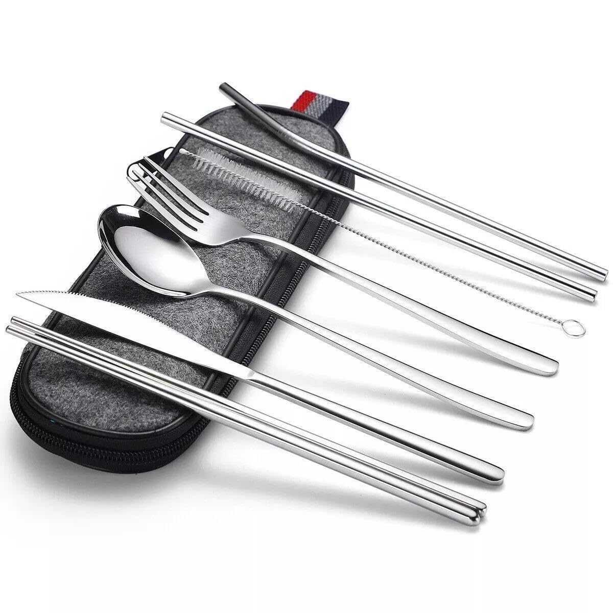 Valkyrie 8 Parça Çantalı Yolculuk Çatal Bıçak Kaşık Pipet Chopstick Seti Kamp Okul Ofis Tatil Paslanmaz Çelik Metal