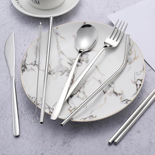 Valkyrie 8 Parça Çantalı Yolculuk Çatal Bıçak Kaşık Pipet Chopstick Seti Kamp Okul Ofis Tatil Paslanmaz Çelik Metal