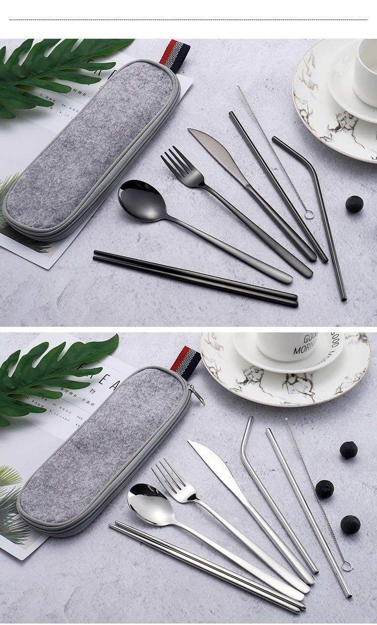 Valkyrie 8 Parça Çantalı Yolculuk Çatal Bıçak Kaşık Pipet Chopstick Seti Kamp Okul Ofis Tatil Paslanmaz Çelik Metal