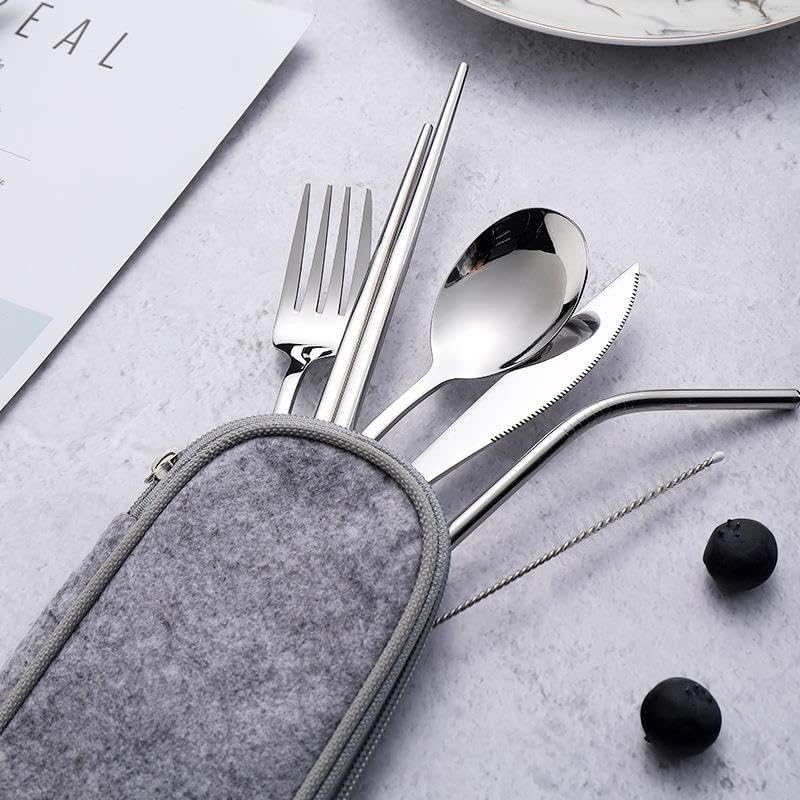 Valkyrie 8 Parça Çantalı Yolculuk Çatal Bıçak Kaşık Pipet Chopstick Seti Kamp Okul Ofis Tatil Paslanmaz Çelik Metal