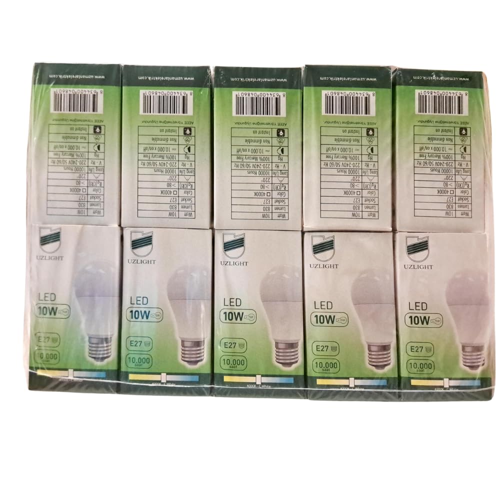10'lu Uzlight 10W A60 E27 4000K Gün Işığı Led Ampul