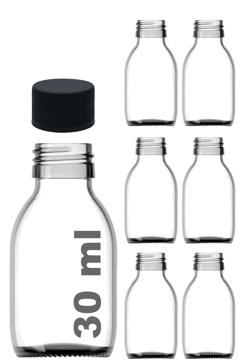 30 ml Sızdırmaz Kapaklı Şeffaf Shot Şişesi 30 Cc Ginger Şat Beyaz Cam Şişe 6 Adet (Kilitsiz Plastik Siyah Kapak)