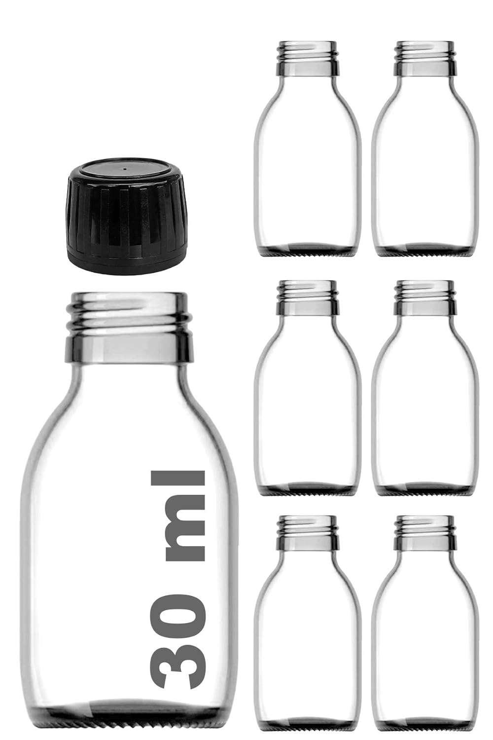 30 ml Sızdırmaz Kapaklı Şeffaf Shot Şişesi 30 Cc Ginger Şat Beyaz Cam Şişe 6 Adet (Kilitli Plastik Siyah Kapak)