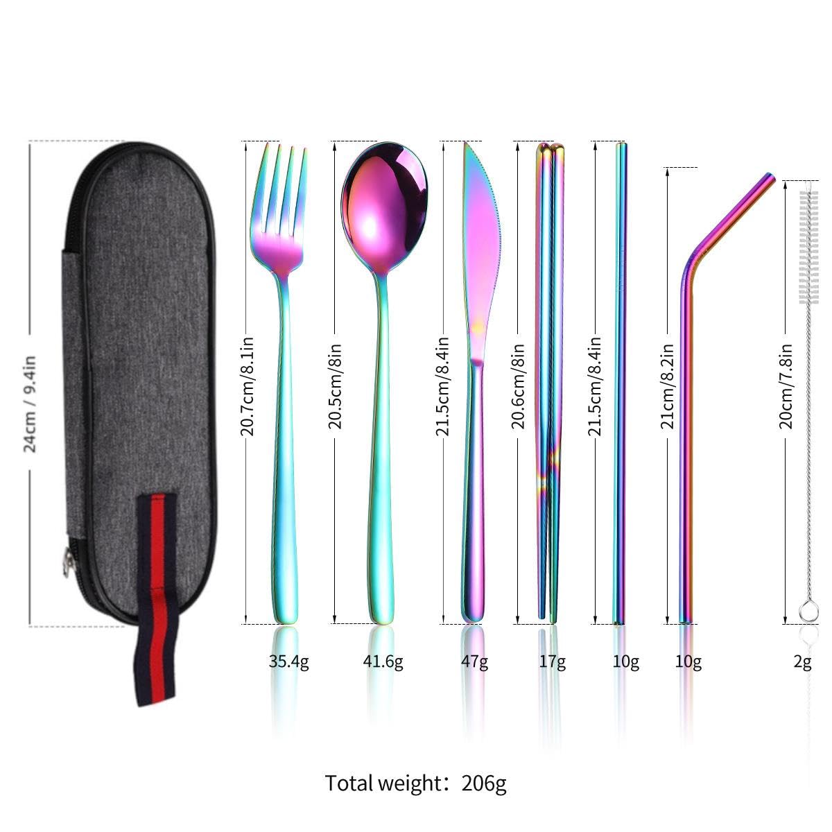 Valkyrie 8 Parça Çantalı Yolculuk Çatal Bıçak Kaşık Pipet Chopstick Seti Kamp Okul Ofis Tatil Paslanmaz Çelik Renkli