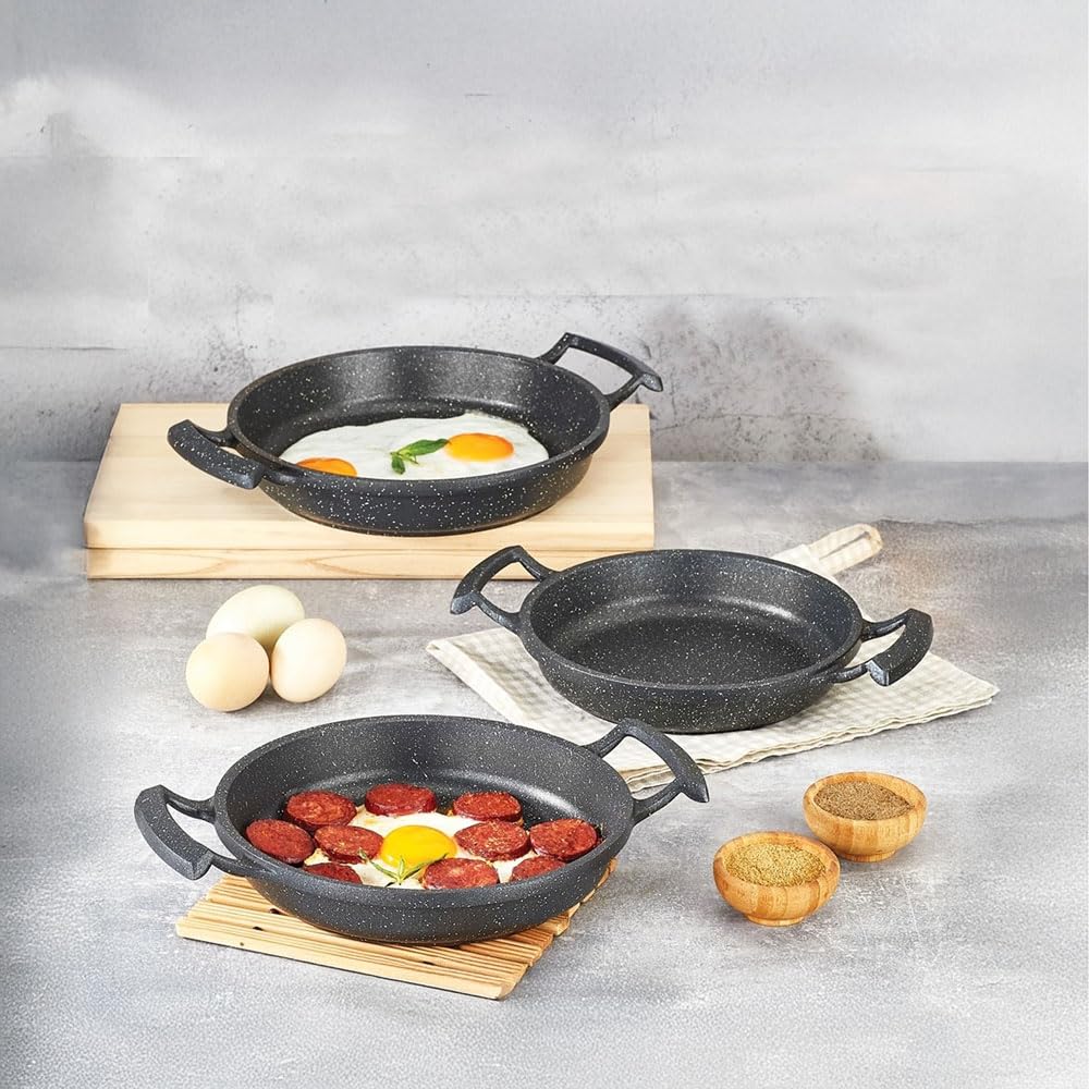 Deconox 3'lü Döküm Sahan Seti, 3'lü Yumurta, Omlet Tavası, 3 Boy Döküm Siyah Granit Sahan Tava (22cm-20cm-18cm)