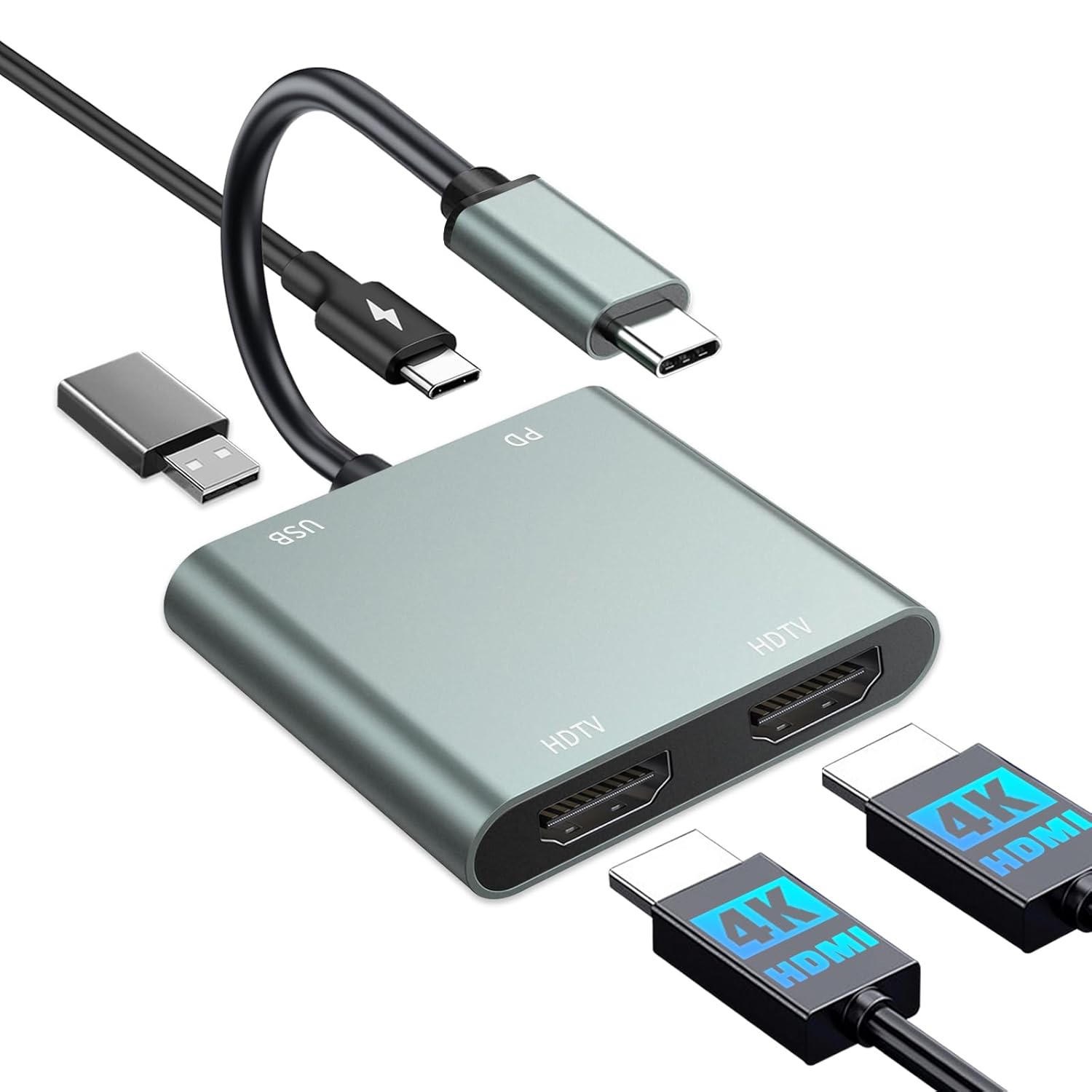LBSC USB C - Çift HDMI Adaptörü - 4K@30Hz Çift Monitör HDMI Adaptörü, 100W PD Şarj, USB3.0 5Gbps ve Thunderbolt 3 Dizüstü Bilgisayar/Tablet için Uyumlu