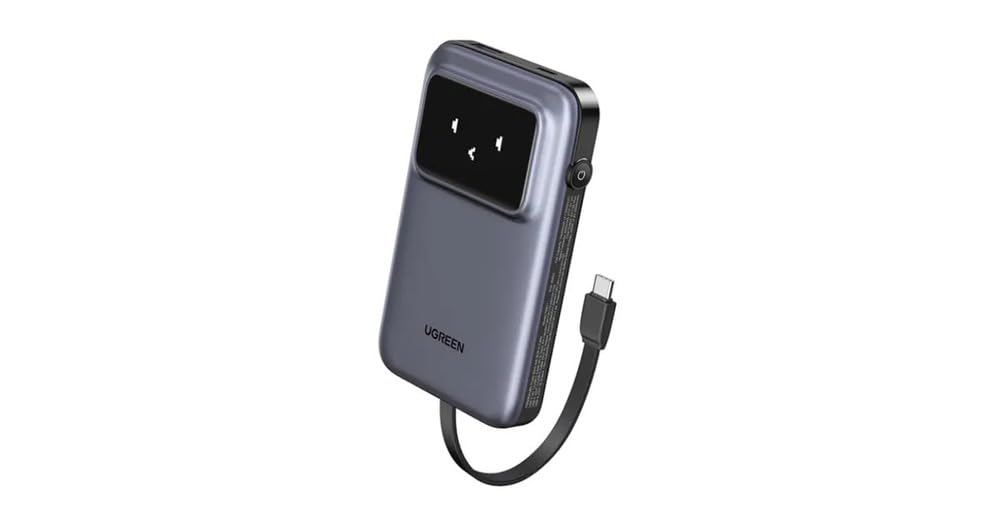 Ugreen Uno Dahili Kablolu 10.000 mAh 30W Hızlı Şarj Powerbank, Siyah