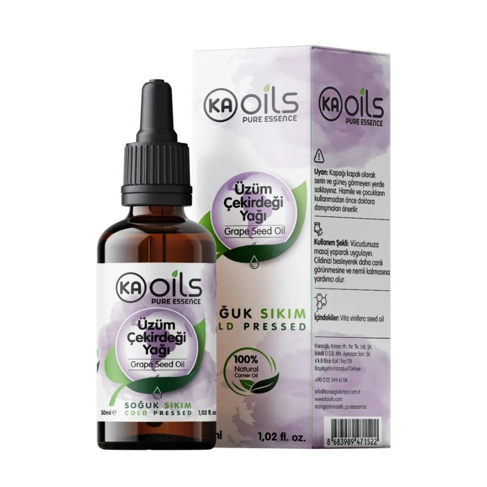 KAOils Üzüm Çekirdeği Yağı 30 ml (Grape Seed Oil) -%100 Doğal ve Saf & Soğuk Sıkım | Antioksidan Zengini
