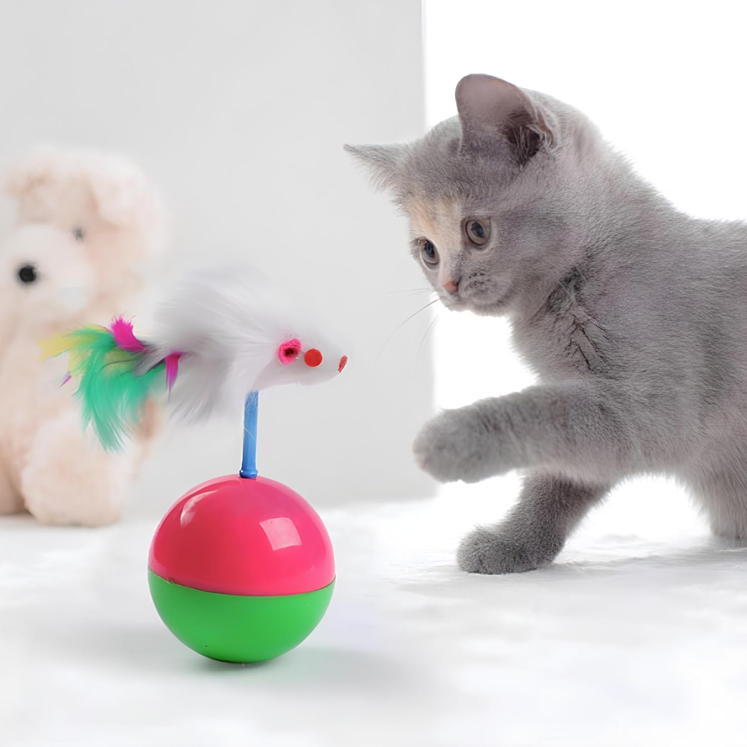 Kanji Kedi Oyun Topu Tüylü Fareli Hacı Yatmaz Eğitici Yavru Kedi Fare Kovalama Oyuncağı - Devrilmeyen Plastik PP ve Peluş Tüyler ile Kedinizin Avcılık İçgüdülerini Geliştirir